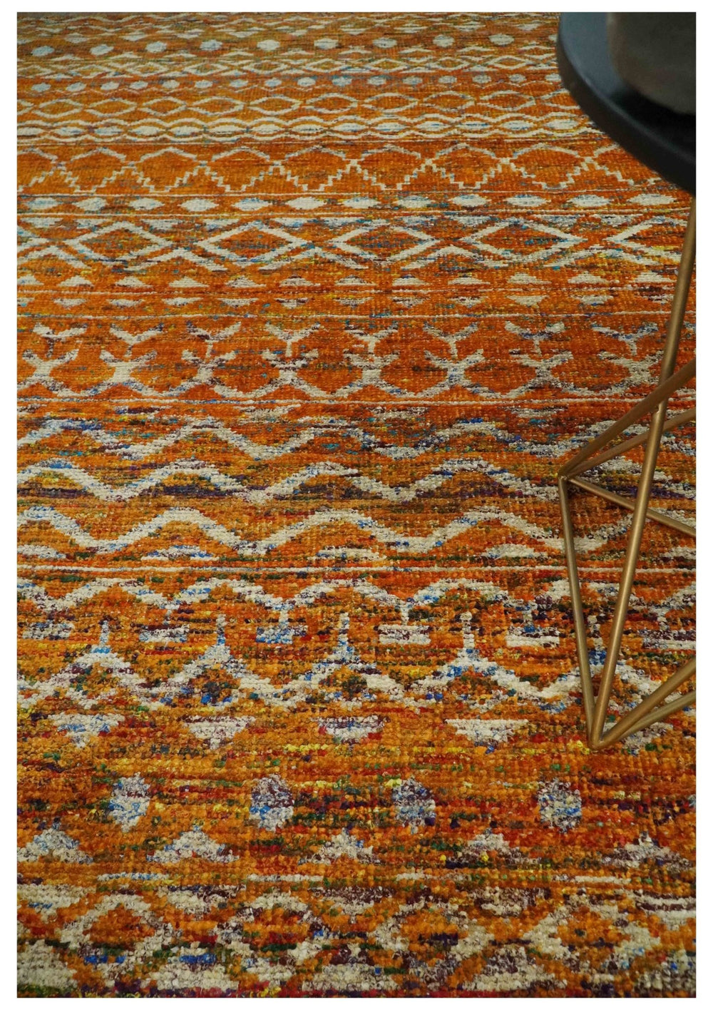 5.7x9 Hand Knotted Gold, Rust and Ivory Modern Contemporary Tribal Trellis Recycled Silk Area Rug - The Rug Decor