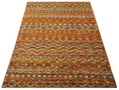 5.7x9 Hand Knotted Gold, Rust and Ivory Modern Contemporary Tribal Trellis Recycled Silk Area Rug - The Rug Decor