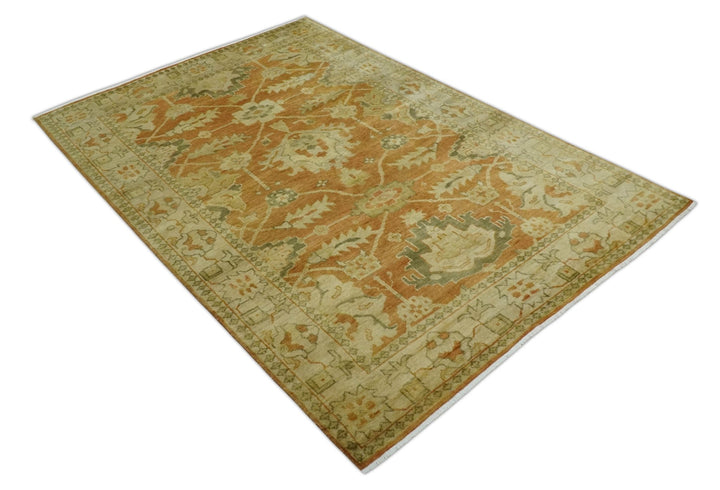 5.8x8.4 Hand Knotted Rust and Beige Traditional Oushak Wool Area Rug - The Rug Decor