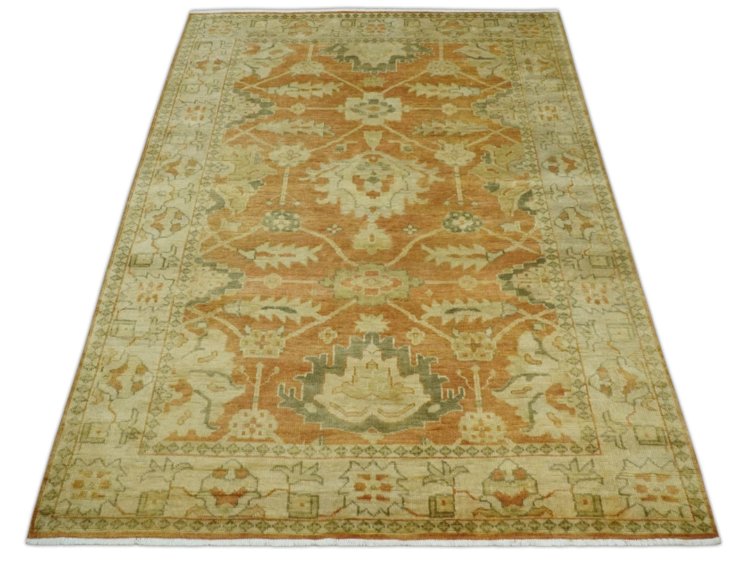 5.8x8.4 Hand Knotted Rust and Beige Traditional Oushak Wool Area Rug - The Rug Decor