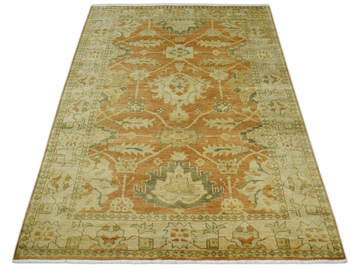 5.8x8.4 Hand Knotted Rust and Beige Traditional Oushak Wool Area Rug - The Rug Decor