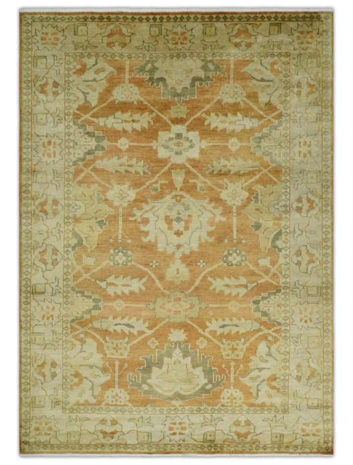 5.8x8.4 Hand Knotted Rust and Beige Traditional Oushak Wool Area Rug - The Rug Decor
