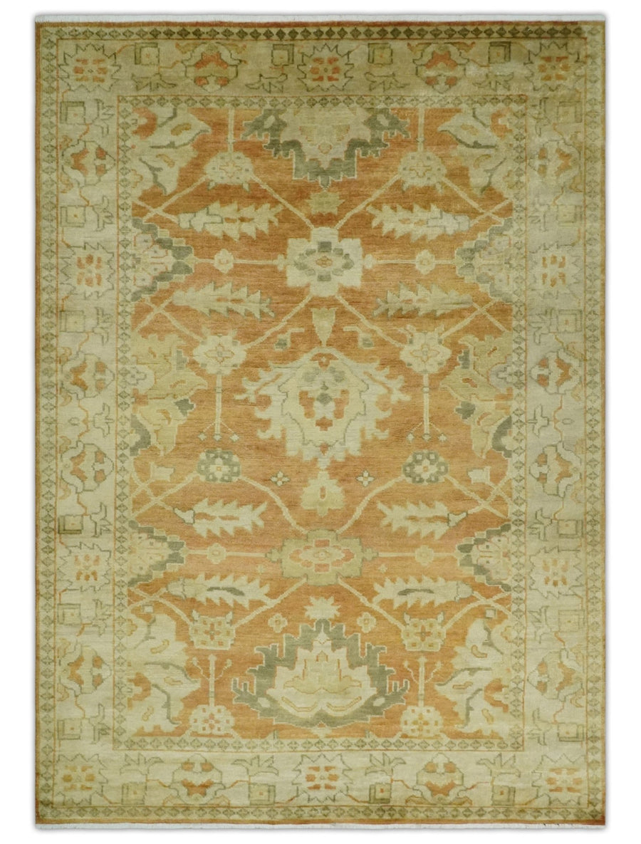 5.8x8.4 Hand Knotted Rust and Beige Traditional Oushak Wool Area Rug - The Rug Decor