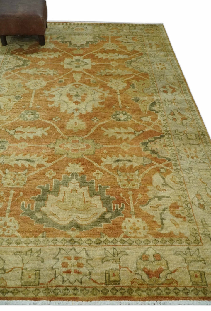 5.8x8.4 Hand Knotted Rust and Beige Traditional Oushak Wool Area Rug - The Rug Decor