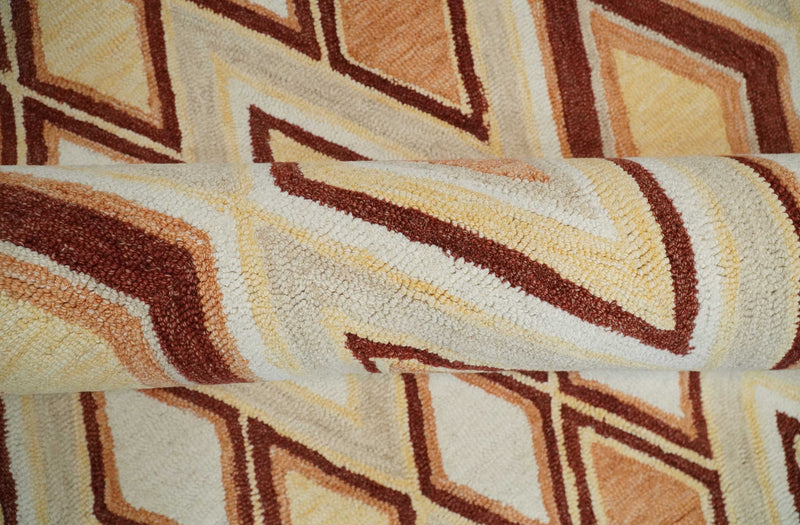 Camel, Peach and Rust Geometrical Shape Antique Style Wool Area Rug