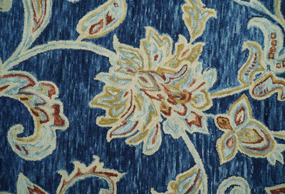 Beige and Blue Hand Tufted 3x3, 4x4, 5x5, 6x6, 8x8, 9x9 Floral Farmhouse Wool Rug