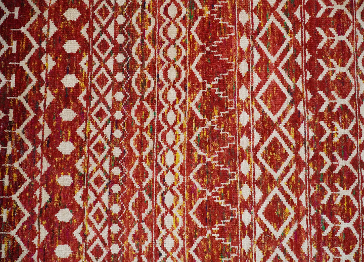 4x6 and 8x10 Hand Knotted Rust, Gold and White Modern Contemporary Southwestern Tribal Trellis Recycled Silk Area Rug | OP5
