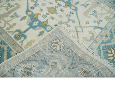 5x5 Square Hand Knotted Oriental Oushak Ivory, Aqua and Beige Wool Area Rug | TRDCP152955SS - The Rug Decor