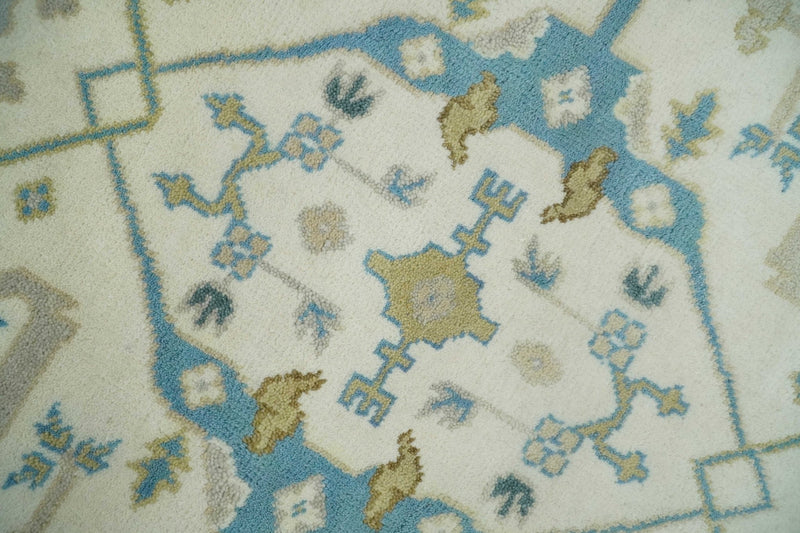 5x5 Square Hand Knotted Oriental Oushak Ivory, Aqua and Beige Wool Area Rug | TRDCP152955SS - The Rug Decor