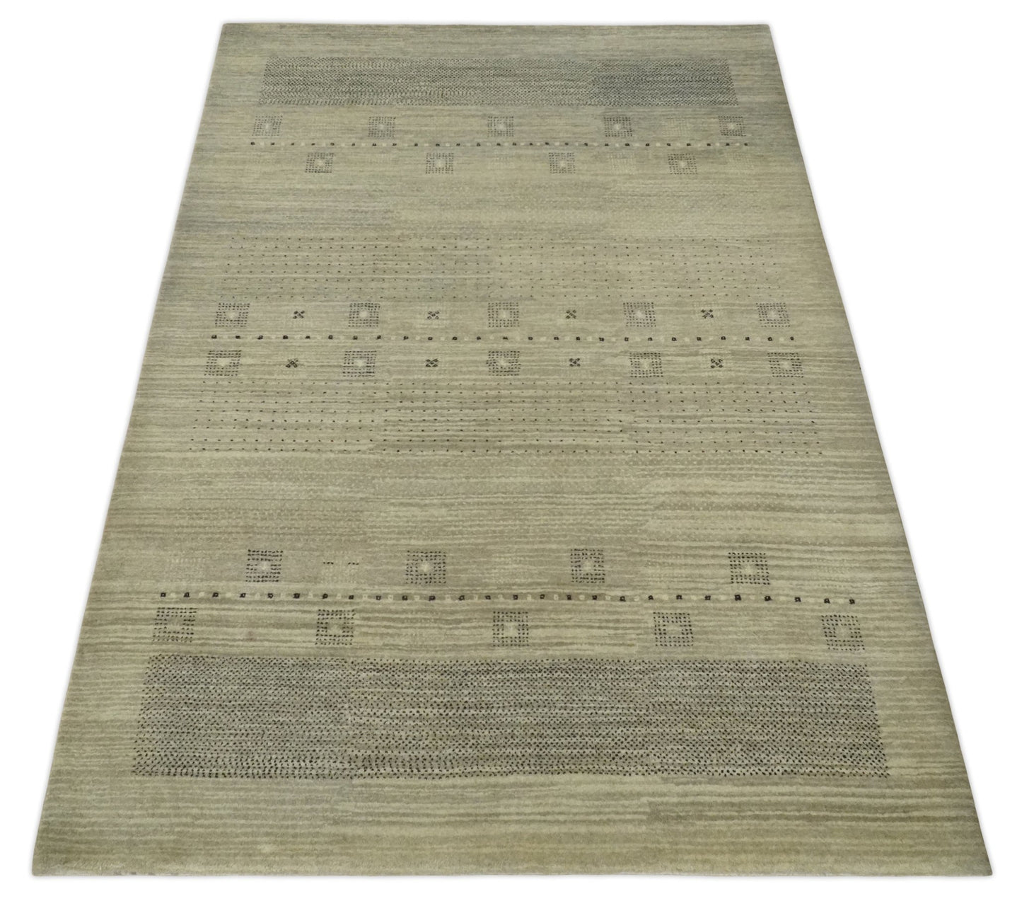 5x7 Beige and Gray Hand Spun Wool Hand Knotted Southwestern Gabbeh Rug | KNT51 - The Rug Decor