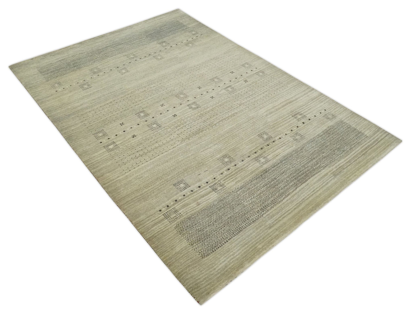 5x7 Beige and Gray Hand Spun Wool Hand Knotted Southwestern Gabbeh Rug | KNT51 - The Rug Decor