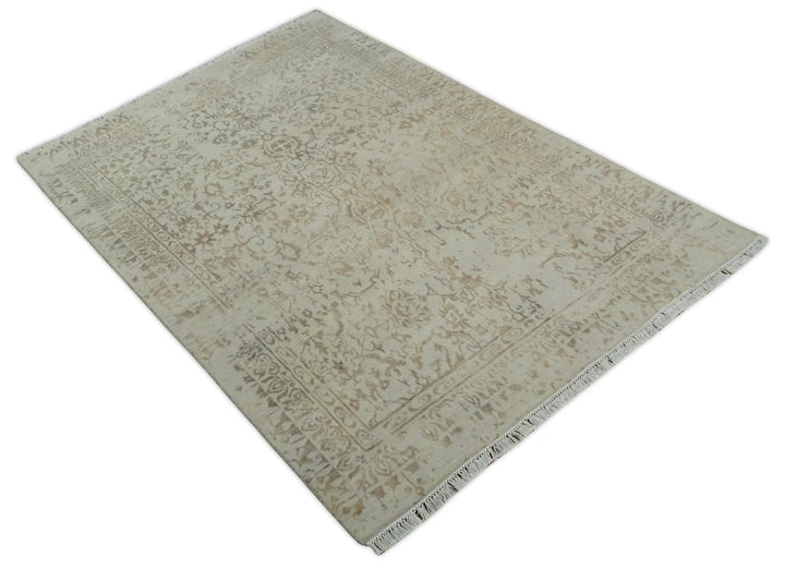5x7 Fine Hand Knotted Beige and Brown Traditional Vintage Persian Style Antique Wool and Silk Rug | AGR50 - The Rug Decor