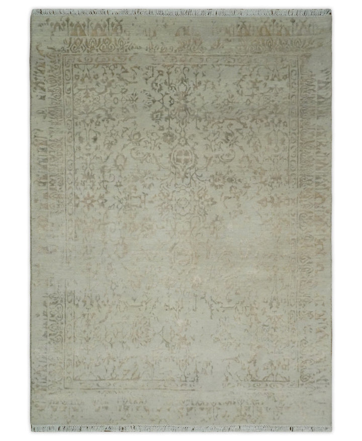 5x7 Fine Hand Knotted Beige and Brown Traditional Vintage Persian Style Antique Wool and Silk Rug | AGR50 - The Rug Decor