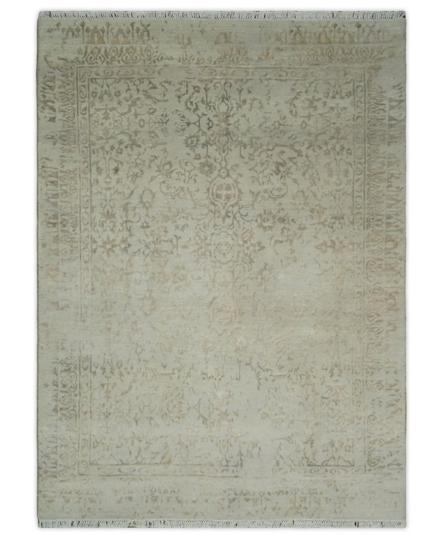 5x7 Fine Hand Knotted Beige and Brown Traditional Vintage Persian Style Antique Wool and Silk Rug | AGR50 - The Rug Decor