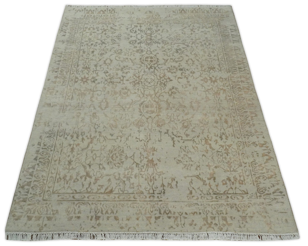 5x7 Fine Hand Knotted Beige and Brown Traditional Vintage Persian Style Antique Wool and Silk Rug | AGR50 - The Rug Decor