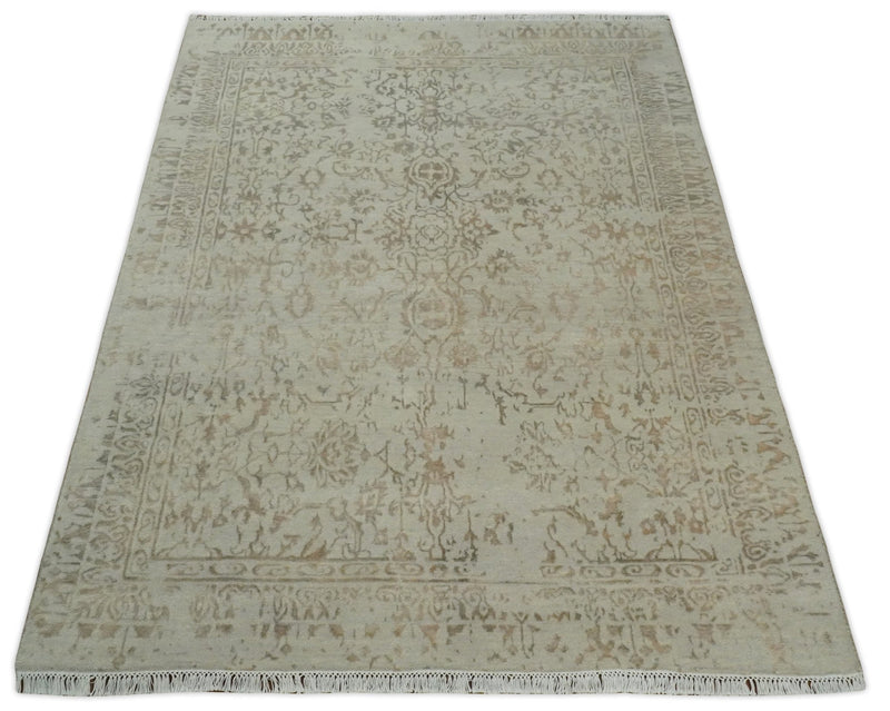 5x7 Fine Hand Knotted Beige and Brown Traditional Vintage Persian Style Antique Wool and Silk Rug | AGR50 - The Rug Decor