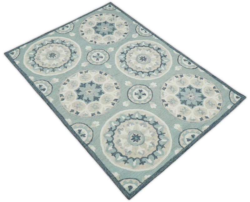 5x7 Hand Tufted White and Blue Modern Moroccan Tiles Design Wool Area Rug | TRDMA90 - The Rug Decor