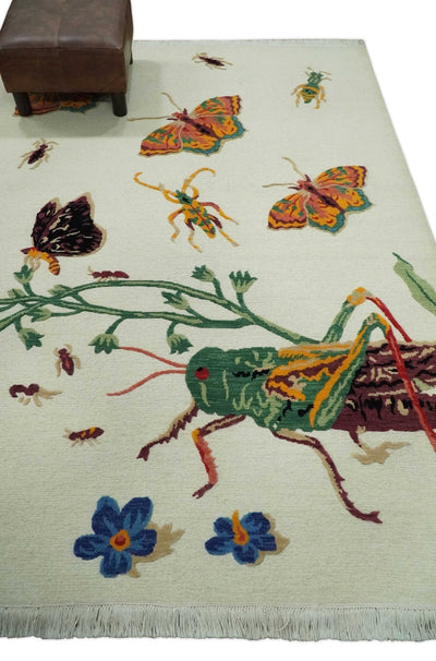 5x7 Ivory Butterfly , Insects and Flower Flatwoven Soumak Wool Hand Made Rug | KNT48 - The Rug Decor