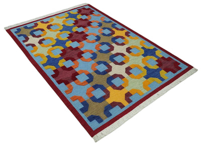 5x7 Multicolor Modern Artistic Wool Hand Woven Southwestern Rug | KNT46 - The Rug Decor