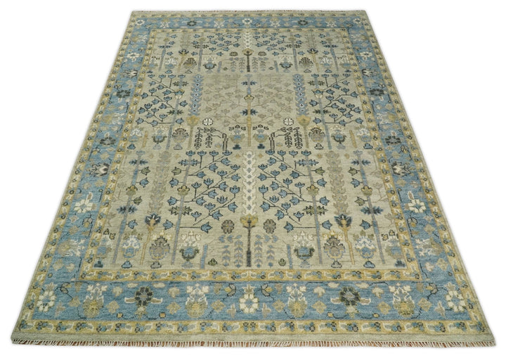 5x8, 6x9, 8x10, 9x12, 10x14 and 12x15 Hand Knotted Beige and Blue Traditional Persian Vintage Heriz Serapi Wool Rug | TRDCP685 - The Rug Decor