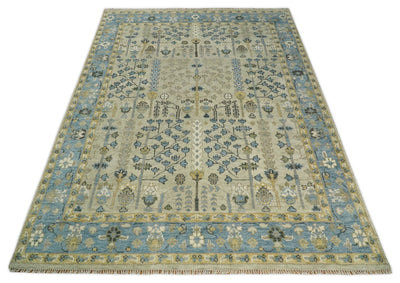 5x8, 6x9, 8x10, 9x12, 10x14 and 12x15 Hand Knotted Beige and Blue Traditional Persian Vintage Heriz Serapi Wool Rug | TRDCP685 - The Rug Decor
