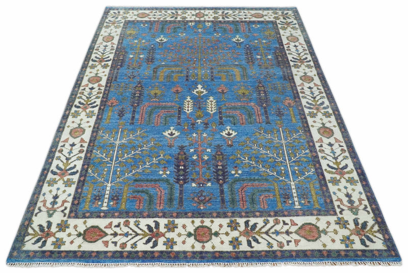 5x8, 6x9, 8x10, 9x12, 10x14 and 12x15 Hand Knotted Blue and Ivory Traditional Persian Vintage Heriz Serapi Wool Rug | TRDCP879912 - The Rug Decor