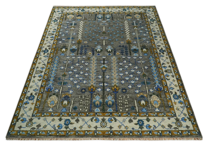 5x8, 6x9, 8x10, 9x12, 10x14 and 12x15 Hand Knotted Charcoal and Ivory Traditional Persian Vintage Heriz Serapi Wool Rug | TRDCP695 - The Rug Decor