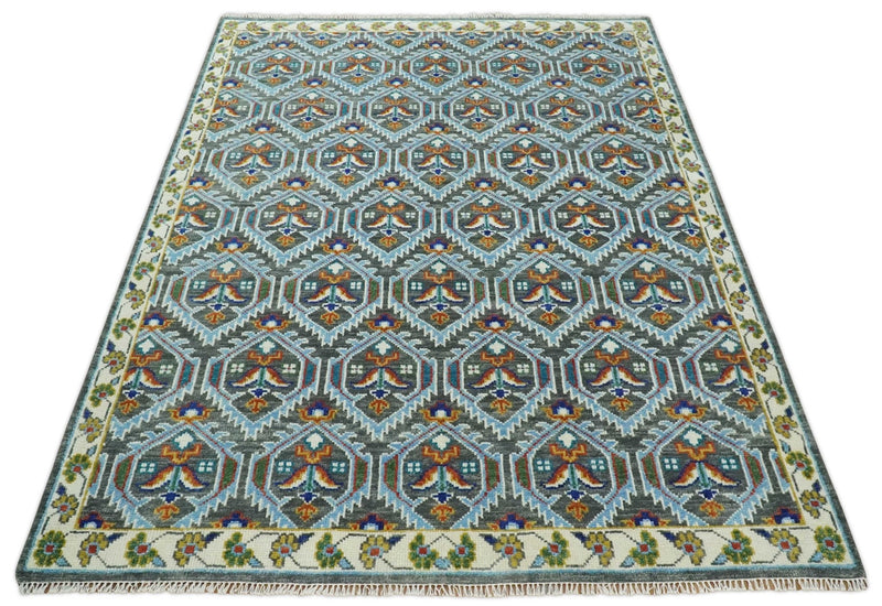 5x8, 6x9, 8x10, 9x12, 10x14 and 12x15 Hand Knotted Charcoal, Blue and Ivory Traditional Persian Heriz Wool Rug | TRDCP948810 - The Rug Decor