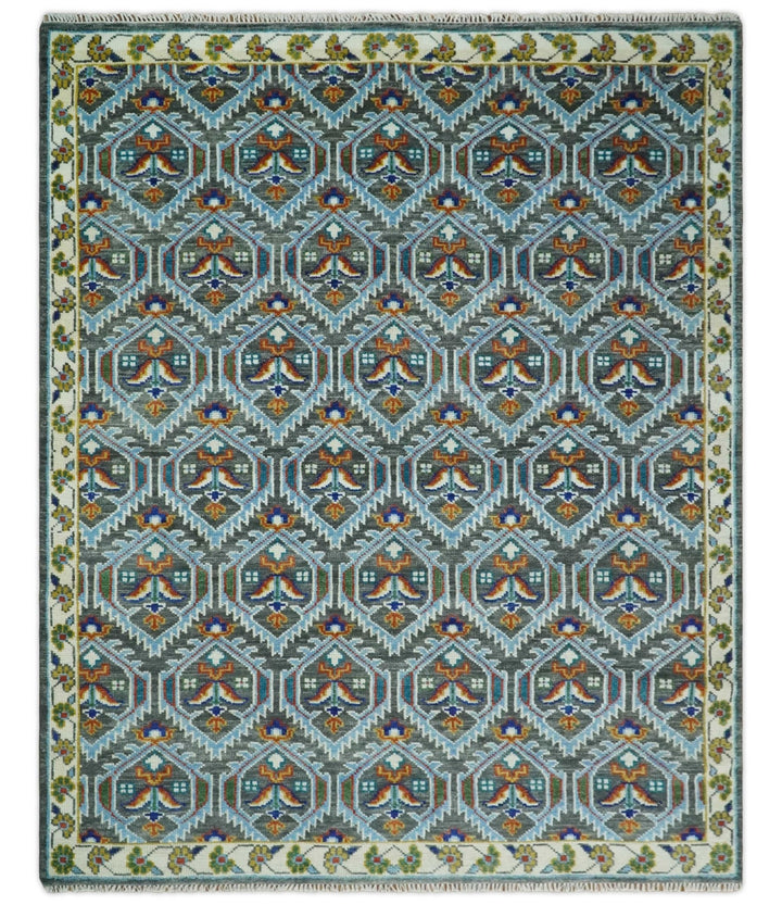 5x8, 6x9, 8x10, 9x12, 10x14 and 12x15 Hand Knotted Charcoal, Blue and Ivory Traditional Persian Heriz Wool Rug | TRDCP948810 - The Rug Decor