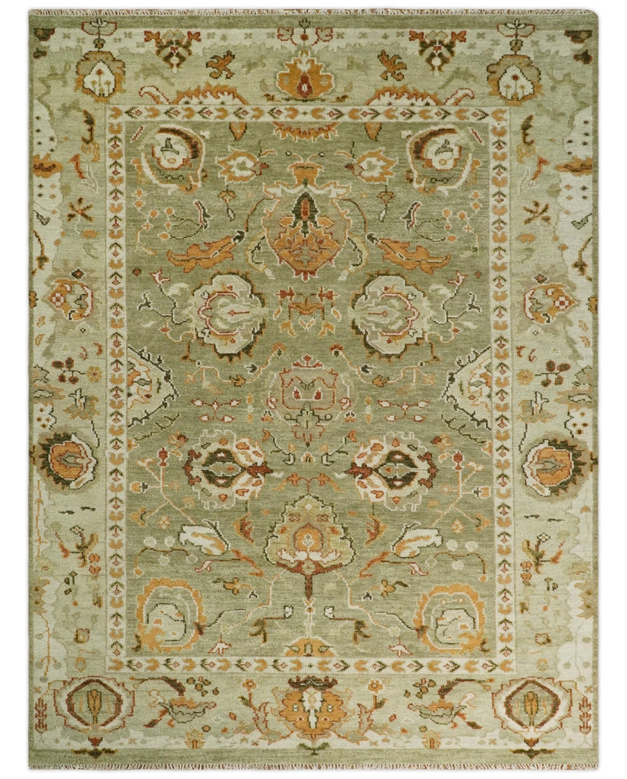 5x8, 6x9, 8x10, 9x12, 10x14 and 12x15 Hand Knotted Green and beige Traditional Vintage Persian Style Antique Wool Rug | TRDCP618 - The Rug Decor