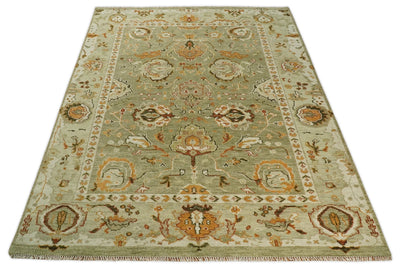 5x8, 6x9, 8x10, 9x12, 10x14 and 12x15 Hand Knotted Green and beige Traditional Vintage Persian Style Antique Wool Rug | TRDCP618 - The Rug Decor