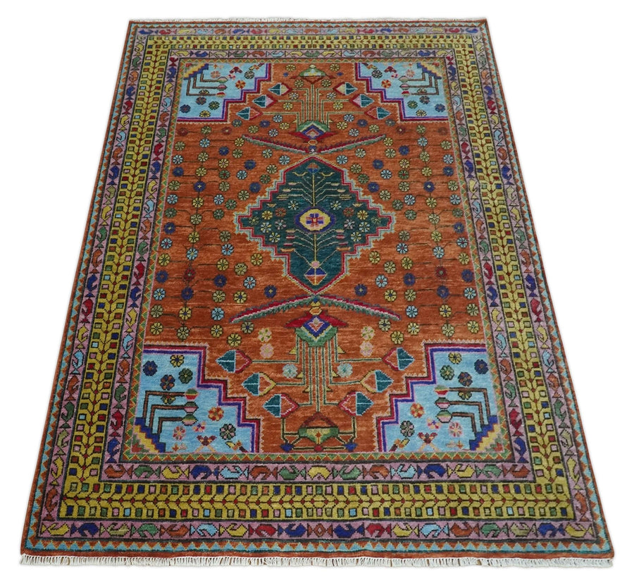 Hand Knotted Green, Rust, Yellow, Pink and Blue Floral Multi Size Rug ...