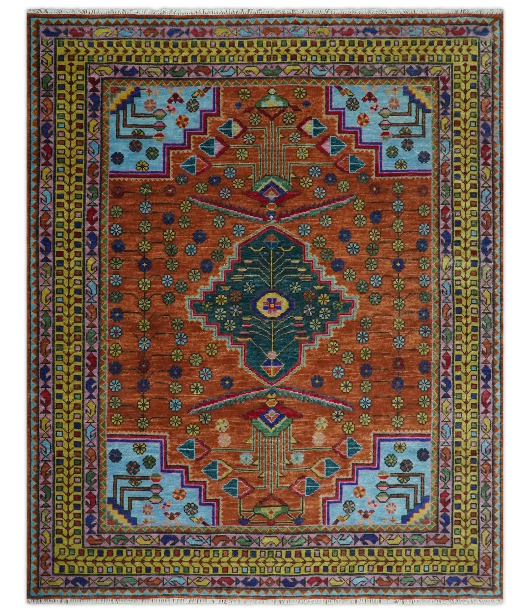 Hand Knotted Green, Rust, Yellow, Pink and Blue Floral Multi Size Rug ...