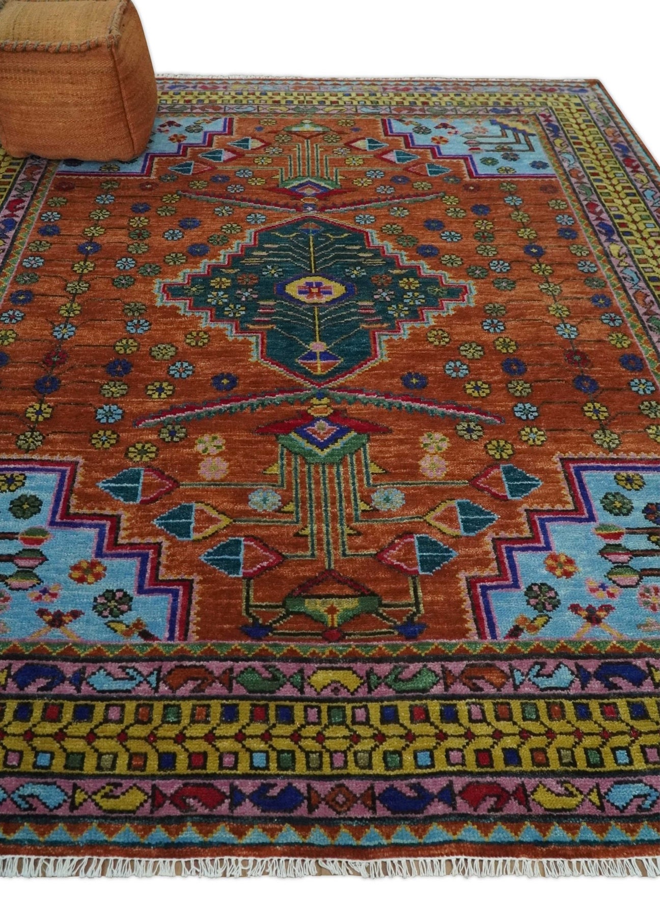 Hand Knotted Green, Rust, Yellow, Pink and Blue Floral Multi Size Rug ...