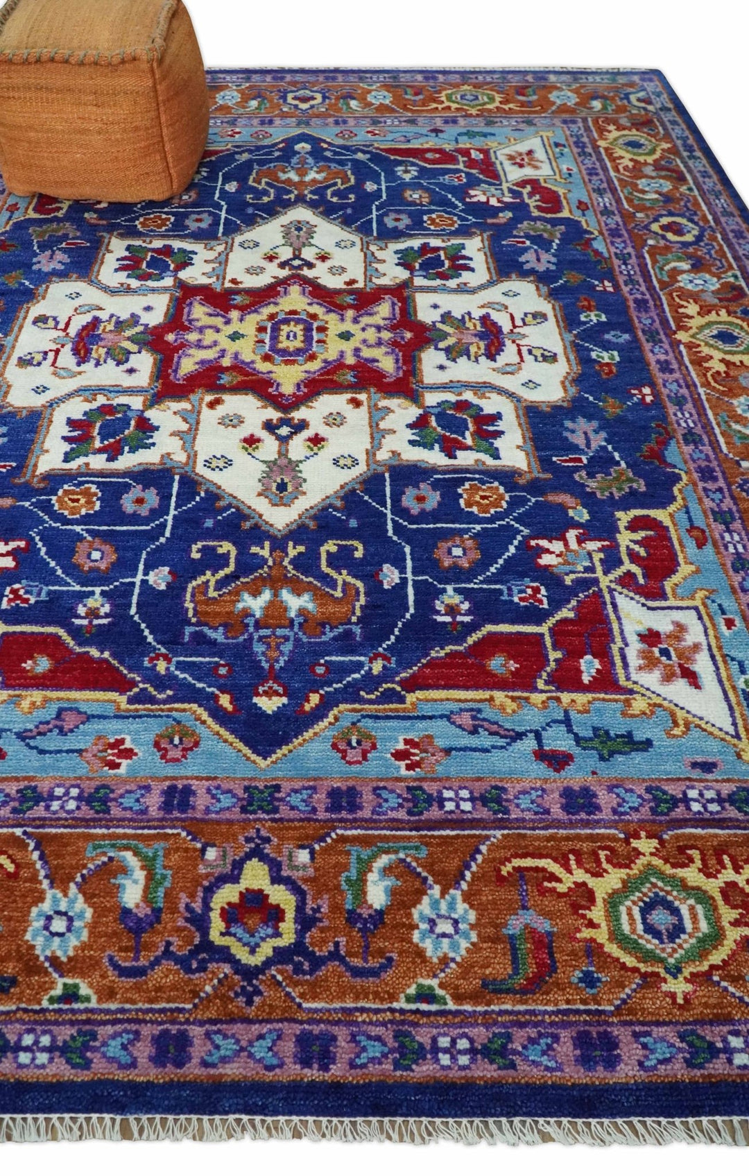 5x8, 6x9, 8x10, 9x12, 10x14 and 12x15 Hand Knotted Ivory, Blue and Rust Modern Traditional Persian Heriz Serapi Wool Rug | TRDCP878810 - The Rug Decor