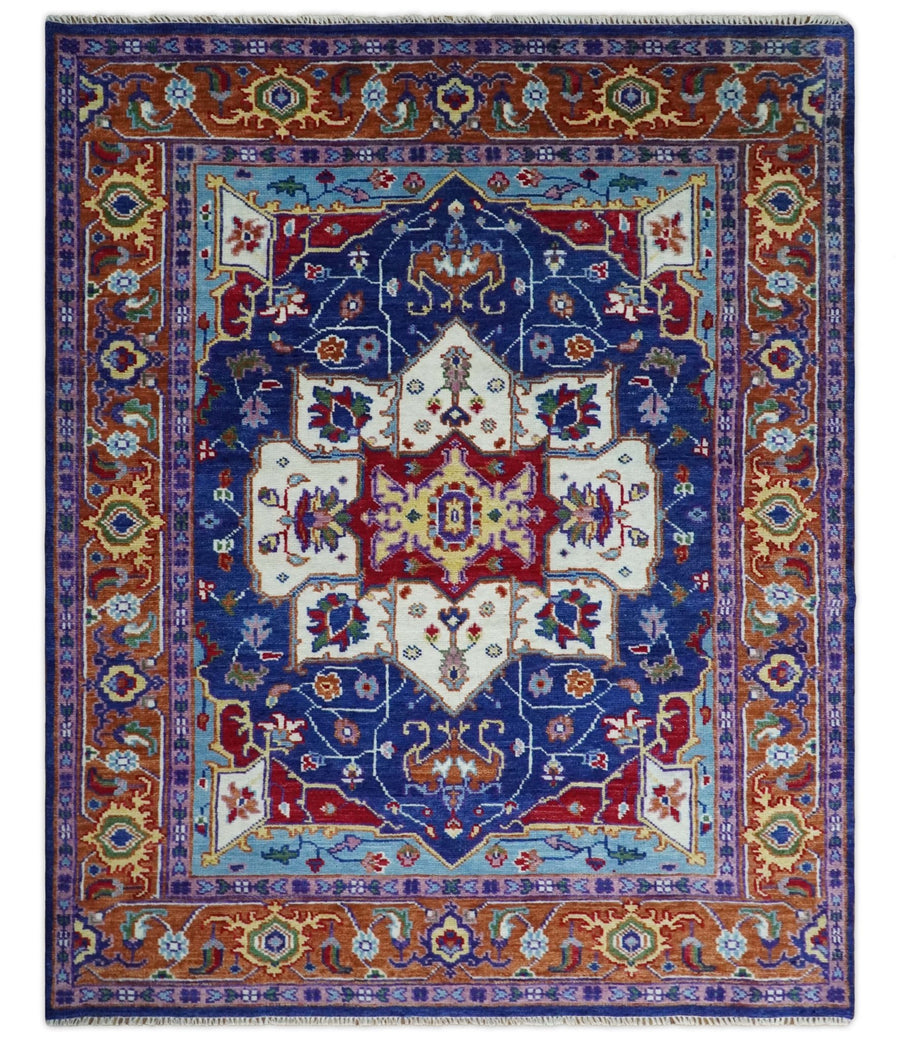 5x8, 6x9, 8x10, 9x12, 10x14 and 12x15 Hand Knotted Ivory, Blue and Rust Modern Traditional Persian Heriz Serapi Wool Rug | TRDCP878810 - The Rug Decor