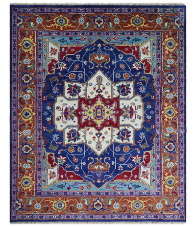 5x8, 6x9, 8x10, 9x12, 10x14 and 12x15 Hand Knotted Ivory, Blue and Rust Modern Traditional Persian Heriz Serapi Wool Rug | TRDCP878810 - The Rug Decor