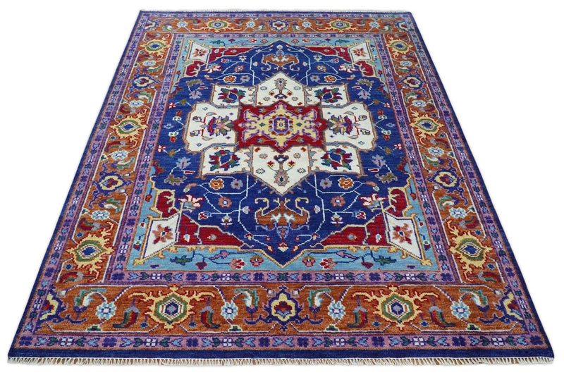 5x8, 6x9, 8x10, 9x12, 10x14 and 12x15 Hand Knotted Ivory, Blue and Rust Modern Traditional Persian Heriz Serapi Wool Rug | TRDCP878810 - The Rug Decor