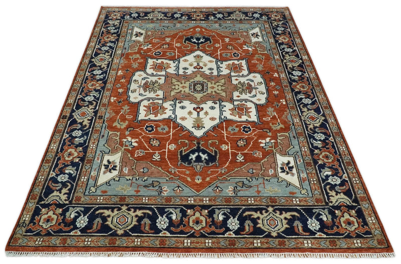 5x8, 6x9, 8x10, 9x12, 10x14 and 12x15 Hand Knotted Ivory, Blue and Rust Modern Traditional Persian Heriz Serapi Wool Rug | TRDCP923912 - The Rug Decor