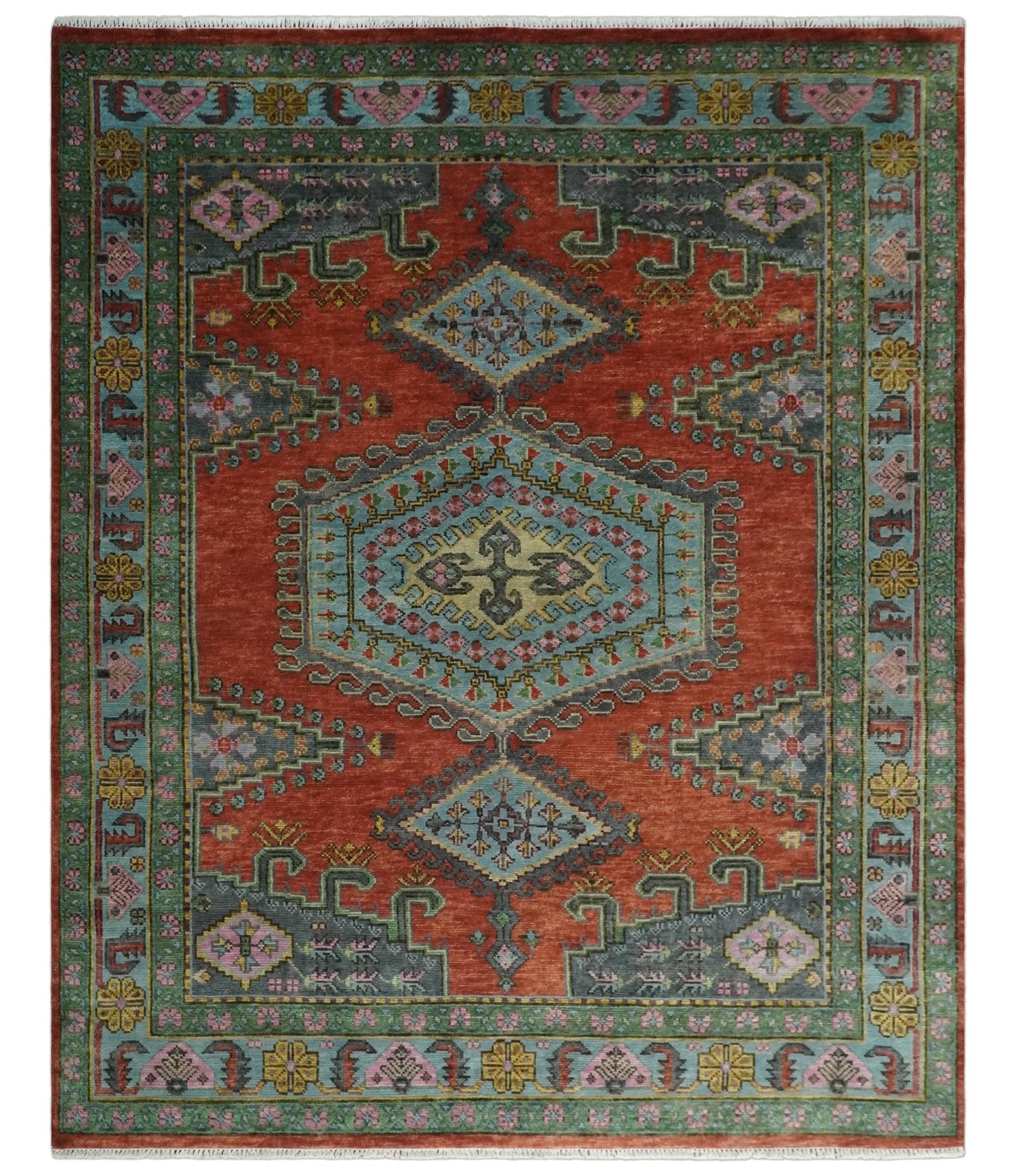 Hand Knotted Rust, Blue and Olive Traditional Antique Wool Rug