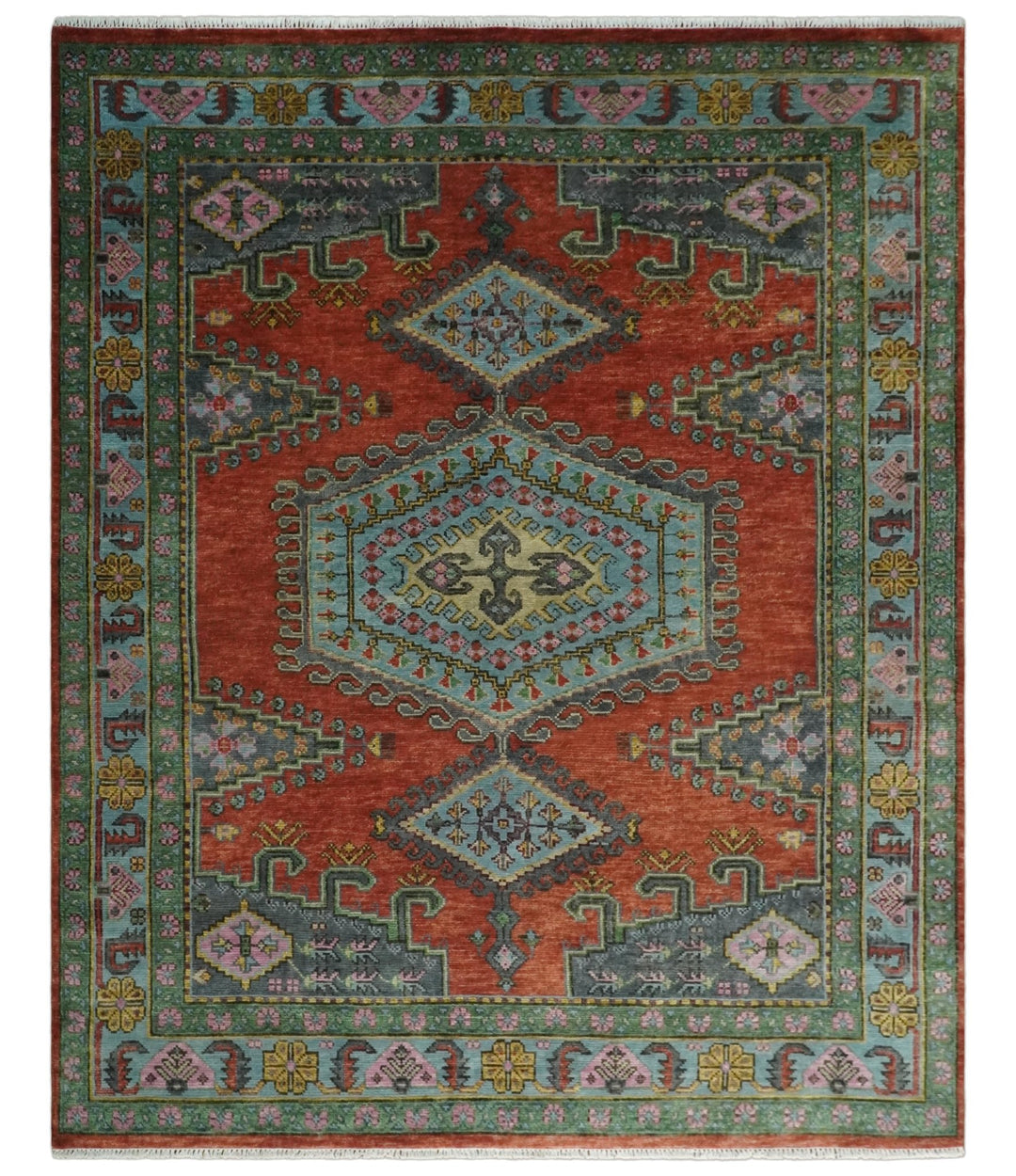 Rust And Olive Rug Hand Knotted Rust, Blue and Olive Traditional Antique Wool Rug