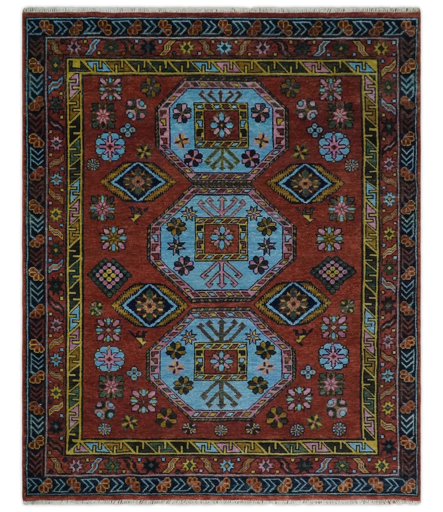 Hand Knotted Rust and Blue Traditional Antique look Multi Size Wool Ar ...