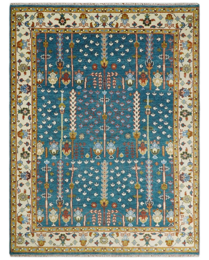 5x8, 6x9, 8x10, 9x12, 10x14 and 12x15 Hand Knotted Teal Blue and Ivory Traditional Persian Vintage Heriz Serapi Wool Rug | TRDCP697 - The Rug Decor
