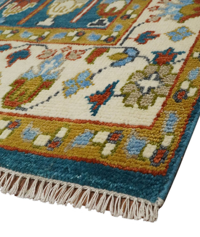 5x8, 6x9, 8x10, 9x12, 10x14 and 12x15 Hand Knotted Teal Blue and Ivory Traditional Persian Vintage Heriz Serapi Wool Rug | TRDCP697 - The Rug Decor