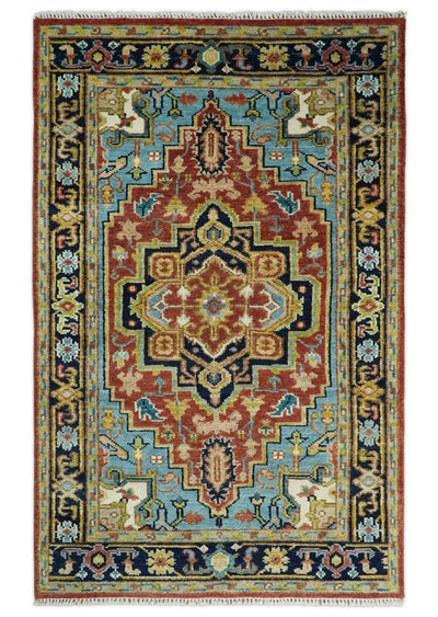 5x8, 6x9, 8x10, 9x12 and 10x14 Hand Knotted Rust and Blue Traditional Vintage Heriz Serapi Wool Rug | TRDCP114 - The Rug Decor