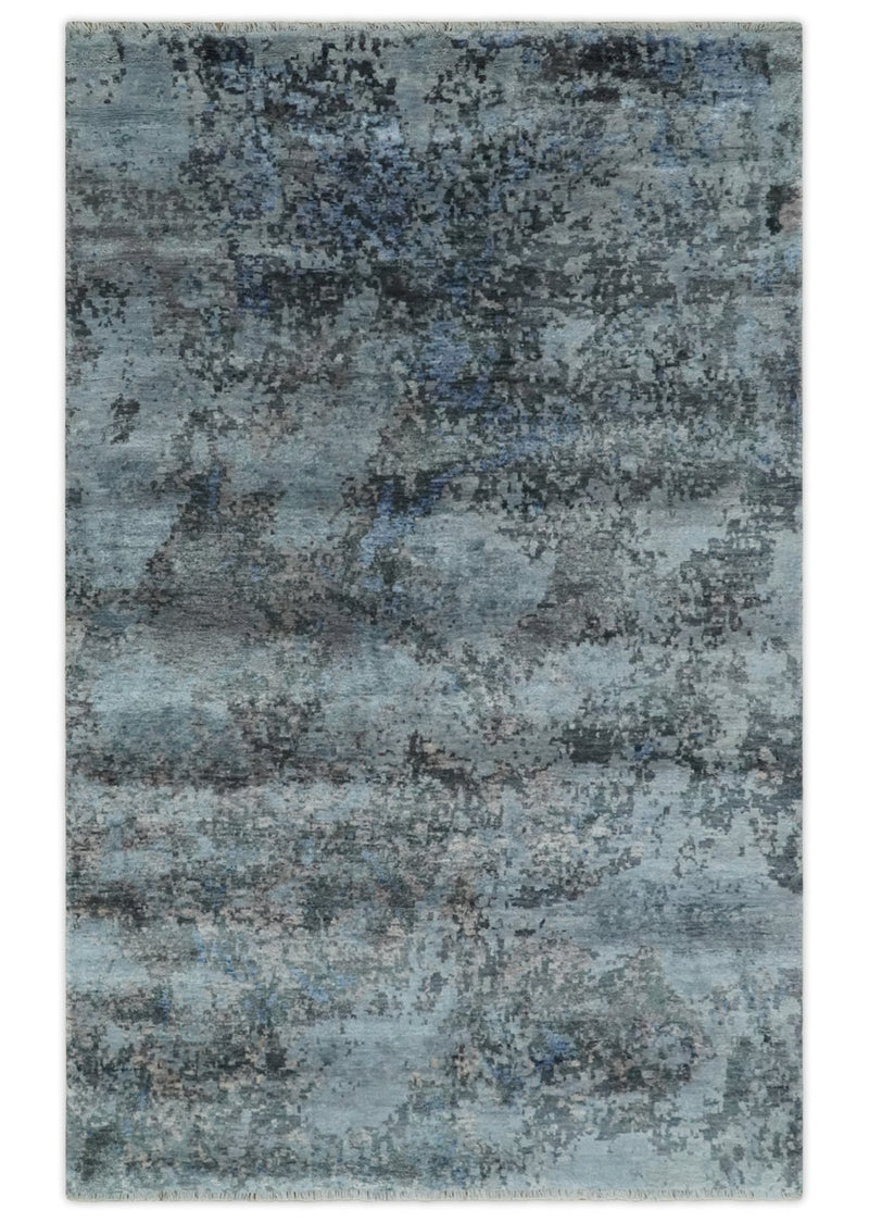 5x8 and 6x9 Silver, Charcoal and Blue Modern Abstract Handmade Wool Area Rug - The Rug Decor