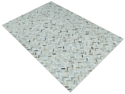 5x8 and 8x10 Genuine Leather Chevron Design Handmade Ivory and Silver Area Rug | LR4 - The Rug Decor