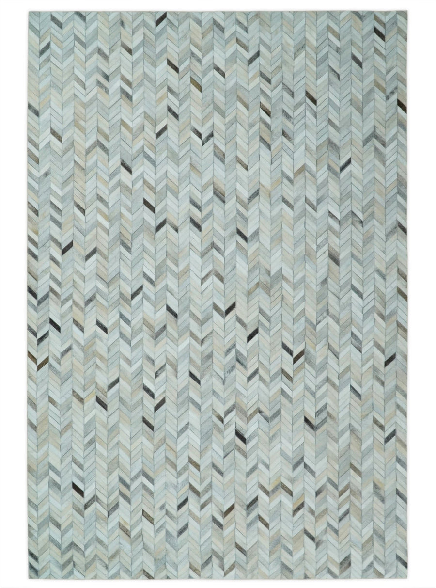 5x8 and 8x10 Genuine Leather Chevron Design Handmade Ivory and Silver Area Rug | LR4 - The Rug Decor