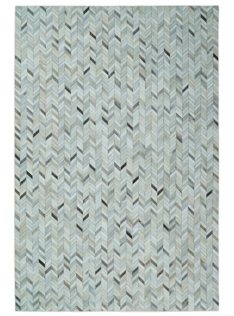 5x8 and 8x10 Genuine Leather Chevron Design Handmade Ivory and Silver Area Rug | LR4 - The Rug Decor