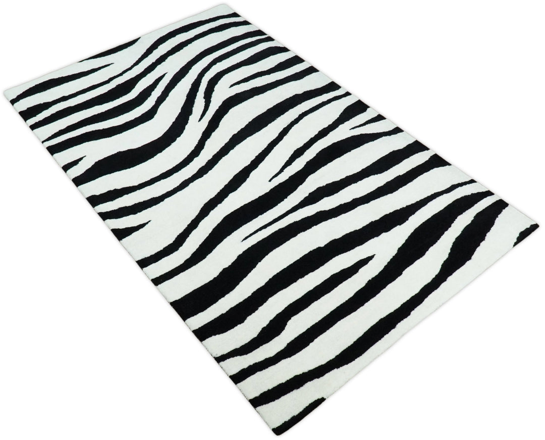 5x8 Black and White Zebra Antelop Area Rug, Hand Tufted Modern Wool Area Rug | ANI1 - The Rug Decor